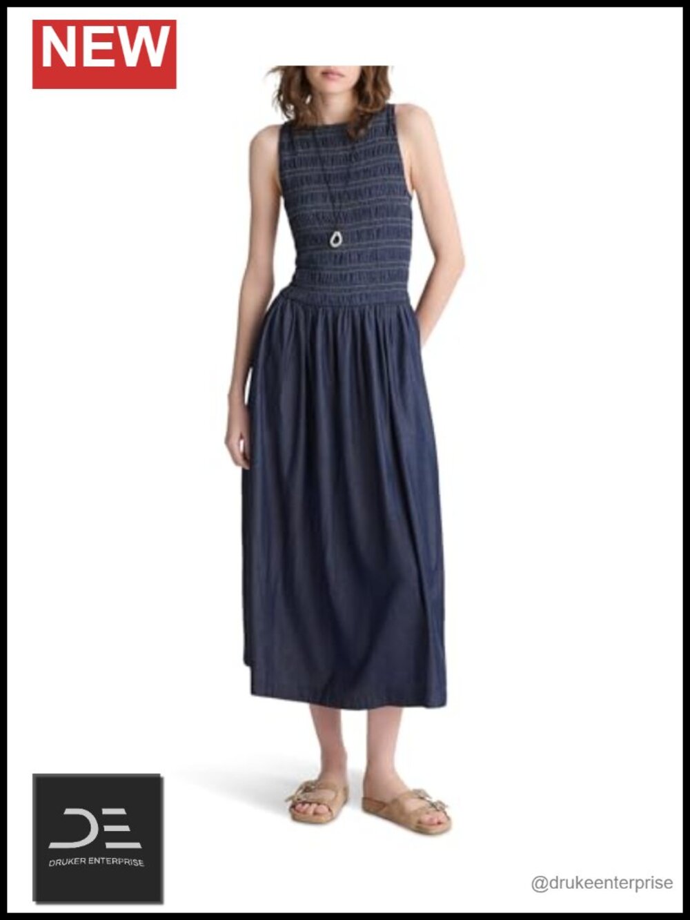 Denim Smocked Boatneck Maxi Dress Sleeveless Pull-On Calf Length